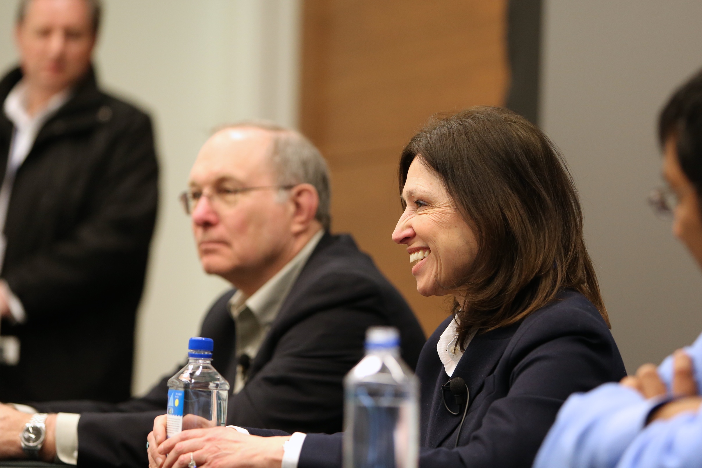 Speakers Dr. Joe Gray, of Knight Cancer Institute of Oregon Health & Science University, and Dr. Carla Grandori, of Fred Hutchinson Cancer Research Center, answer questions during a panel discussion.