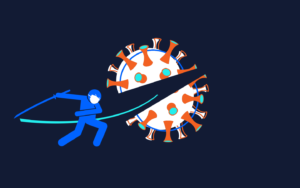 Illustration of a person using a katana to slash a coronavirus in half