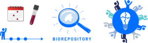 Illustration of the process of discovery. Blood samples provided are analyzed. When the data of many people are analzyed it can lead to new insights and treatments for the disease.