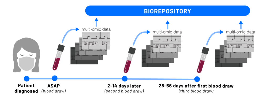 A patient in the Covid-19 study will contribute blood samples at three points throughout their infection — initial presentation, acute illness and convalescence. Each of these samples will be stored in an anonymized biorepository and analzyed to generate multi-omic data.