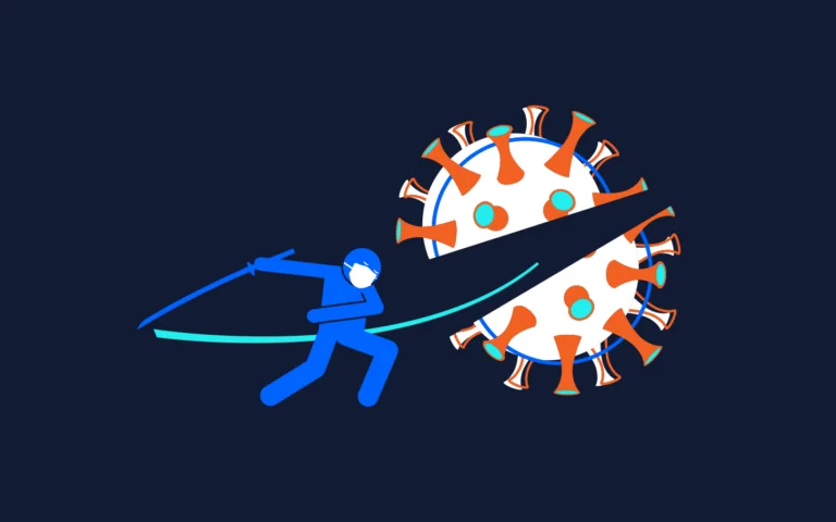 Illustration of a person using a katana to slash a coronavirus in half