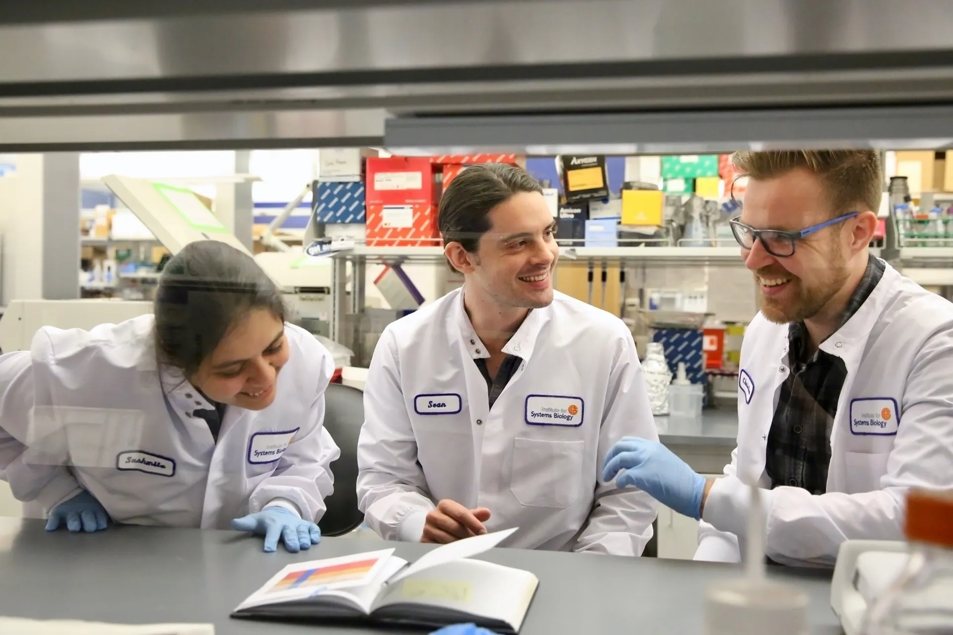 Gibbons Lab members Sushmita Patwardhan, Sean Gibbons and Christian Diener