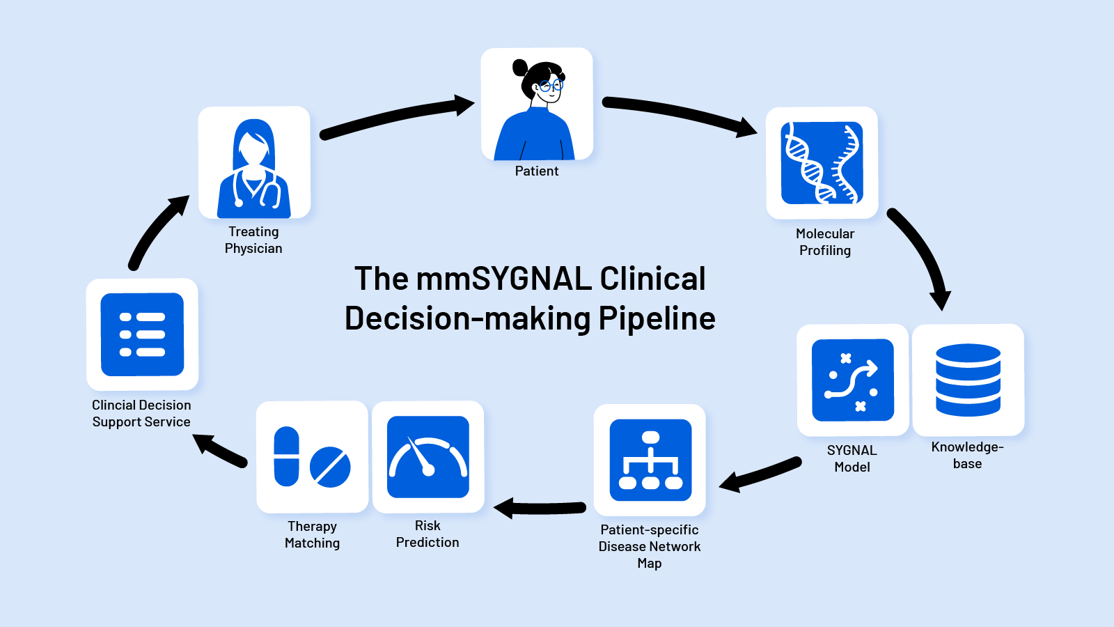 This circular workflow illustrates how personalized medicine is applied using the mmSYGNAL model. Starting with molecular profiling of a new patient, data are mapped to the mmSYGNAL network — originally built from a large patient cohort — and integrated with our MM knowledge base to generate a patient-specific disease network map. This map supports risk prediction and therapy matching, which are synthesized by a Clinical Decision Support Service to provide actionable insights for the treating physician, enabling tailored and informed treatment decisions.