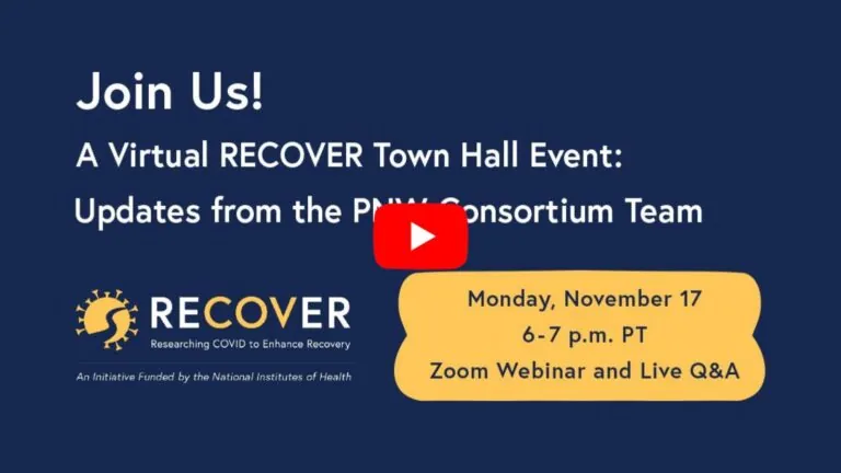 Graphic with details of the PNW RECOVER virtual town hall event details