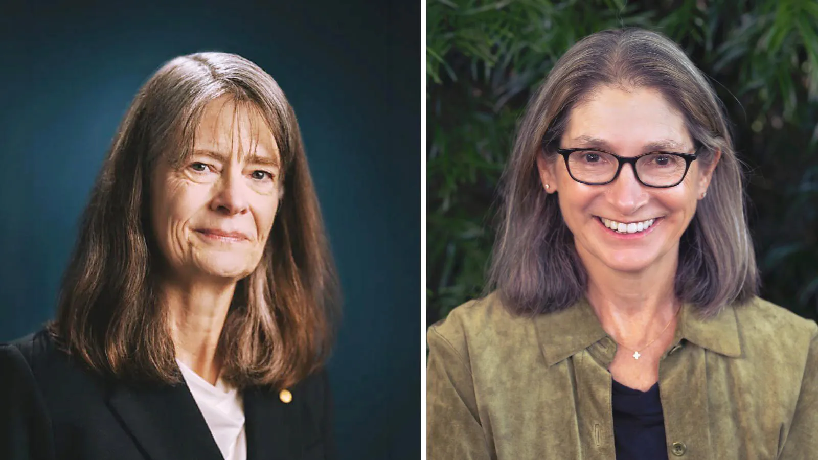 A side-by-side portrait composite of Dr. Mary Brunkow and Katie Hafner.